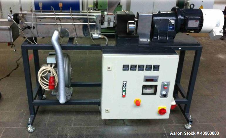 Used Brabender Lab Size Granulation Line comprised of (1) extruder 0.75" (19 mm) diameter, 40 L/D, air cooled and 4 hp/3 kW drive; (1) granulator sG 30; (1) strand die; (1) cooling bath; (1) control ...