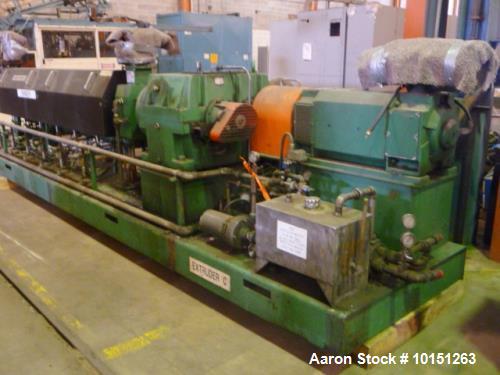 Used- 4.50" Brampton 30/1 L/D Extruder. Has 38" center line height. Driven by a 250 hp DC motor with Reliance SCR control. N...