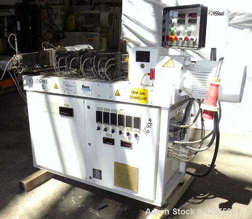 Used Buss Laboratory Ko-Kneader, Model MKS 30-18 / E 40. 30mm Diameter single screw, 18 to 1 L/D ratio. Clam shell type barrel electrically heated, air cooled. Water cooled feed throat with hopper. D...