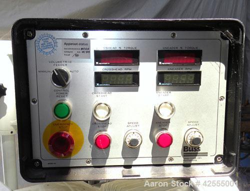 Used Buss Laboratory Ko-Kneader, Model MKS 30-18 / E 40. 30mm Diameter single screw, 18 to 1 L/D ratio. Clam shell type barrel electrically heated, air cooled. Water cooled feed throat with hopper. D...