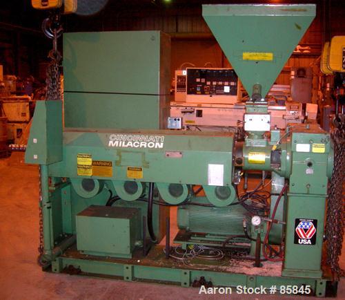 Used Cincinnati Milicron 2.5" Single Screw Extruder, Model Apex, Approximate 26:1 L/D Ratio. Electrically heated, air cooled 4 zone non-vented barrel. Water cooled feed throat with hopper. Approximat...