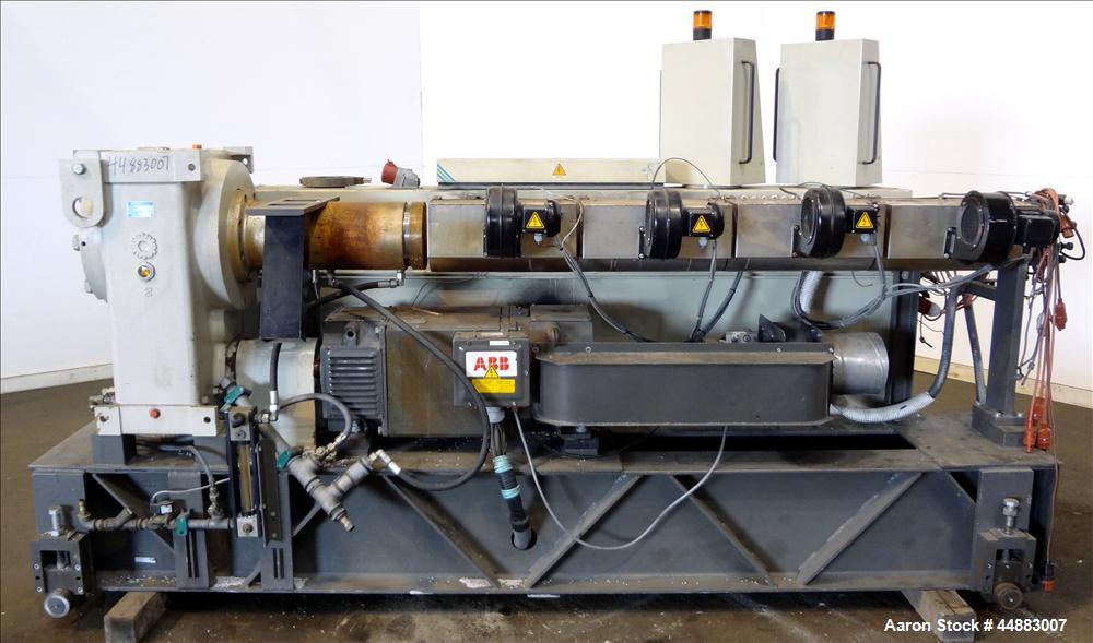 Used Cincinnati Milacron 75mm Single Screw Extruder, Model Proton 70-30G. Approximate 30 to 1 L/D ratio. Electrically heated, air cooled 4 zone non-vented barrel, water cooled feed throat, no hopper....