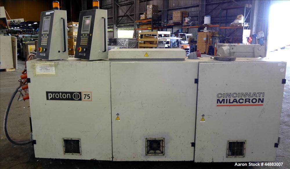 Used Cincinnati Milacron 75mm Single Screw Extruder, Model Proton 70-30G. Approximate 30 to 1 L/D ratio. Electrically heated, air cooled 4 zone non-vented barrel, water cooled feed throat, no hopper....