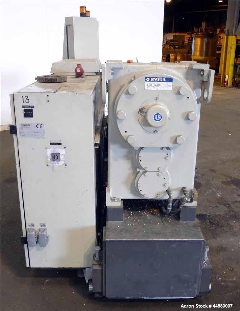 Used Cincinnati Milacron 75mm Single Screw Extruder, Model Proton 70-30G. Approximate 30 to 1 L/D ratio. Electrically heated, air cooled 4 zone non-vented barrel, water cooled feed throat, no hopper....
