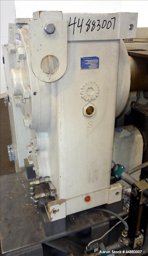 Used Cincinnati Milacron 75mm Single Screw Extruder, Model Proton 70-30G. Approximate 30 to 1 L/D ratio. Electrically heated, air cooled 4 zone non-vented barrel, water cooled feed throat, no hopper....