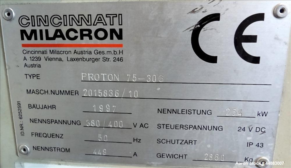 Used Cincinnati Milacron 75mm Single Screw Extruder, Model Proton 70-30G. Approximate 30 to 1 L/D ratio. Electrically heated, air cooled 4 zone non-vented barrel, water cooled feed throat, no hopper....