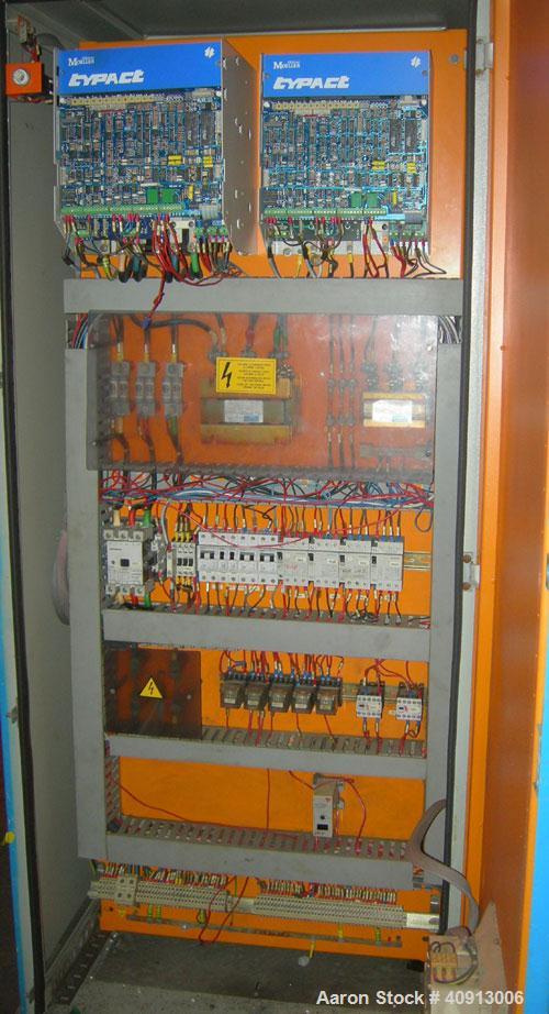 Used Cosmo 2 1/4" Single Screw Extruder. Approximate 26:1 L/D ratio. Electrically heated, air cooled 4 zone non-vented barrel. Water cooled feed throat, no hopper. Driven by a 20 hp, 440 volt, 2810 r...