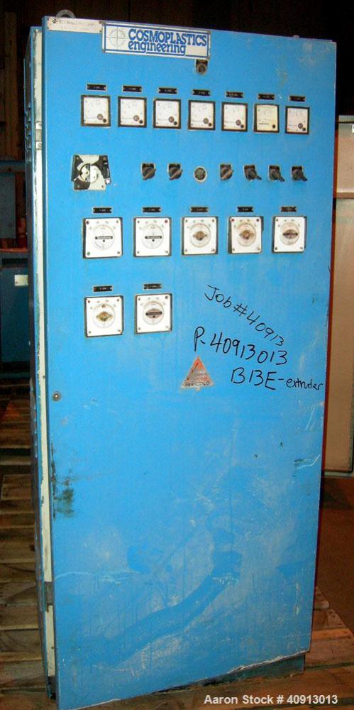 Used Cosmo 2 1/2" Single Screw Extruder, Approximate 30:1 L/D Ratio. Electrically heated, air cooled 4 zone non-vented barrel. Water cooled feed throat, no hopper. Driven by an approximate 20 HP DC m...