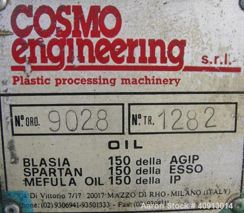 Used Cosmo 2" Single Screw Extruder, Approximate 30:1 L/D Ratio. Electrically heated, air cooled 4 zone non-vented barrel. Water cooled feed throat with magnet, no hopper. Driven by an approximately ...