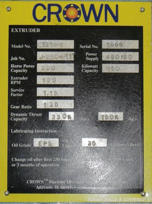 Used Crown (CDLTechnologies) 8’’ Diameter Single Screw Extruder, Model CTS16-8. (1) Tapered screw starting at approximate 16’’ diameter, down to 8’’ diameter, approximately 108’’ total length, cored ...