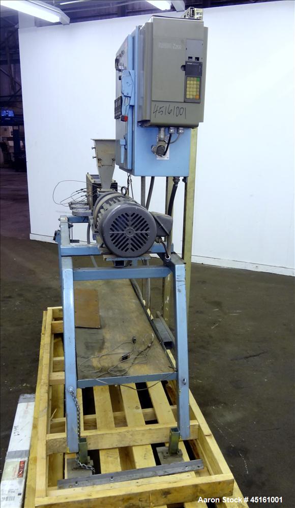 Used Crown / CDL Technology 1" Single Screw Extruder. Approximate 30 to 1 L/D ratio. Electrically heated air cooled 3 zone non-vented barrel. Water cooled feed throat with hopper, approximate 42-1/2"...