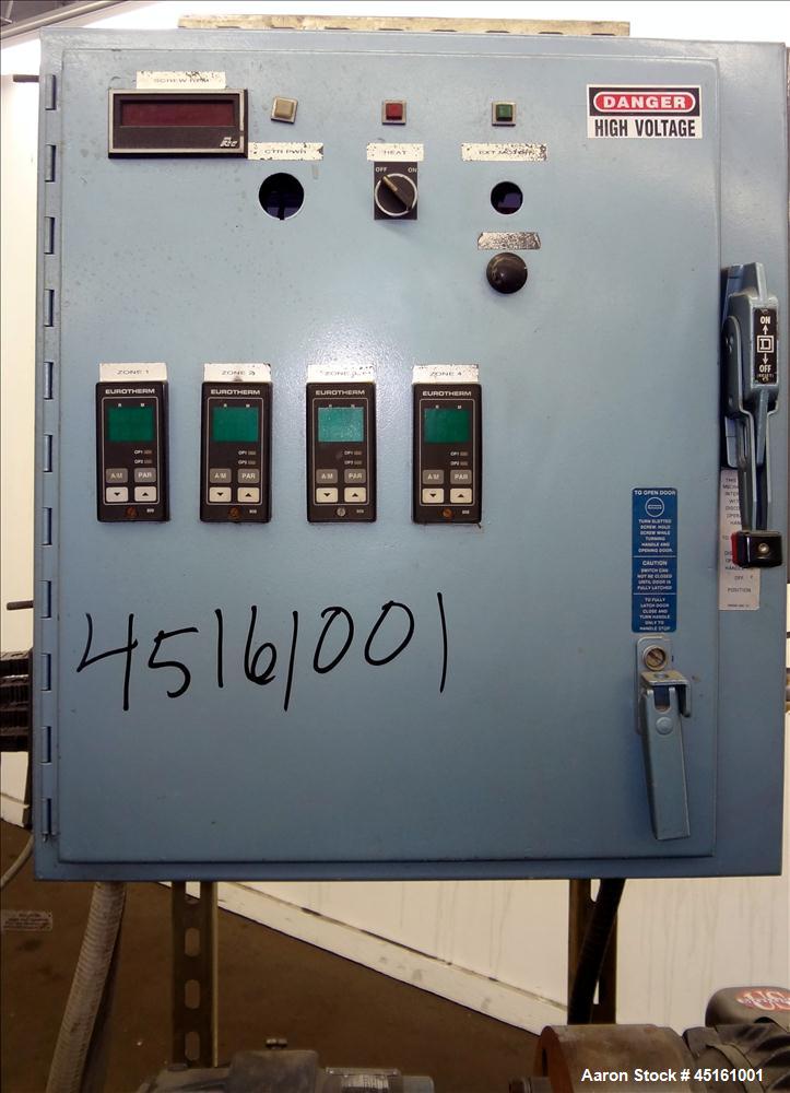 Used Crown / CDL Technology 1" Single Screw Extruder. Approximate 30 to 1 L/D ratio. Electrically heated air cooled 3 zone non-vented barrel. Water cooled feed throat with hopper, approximate 42-1/2"...