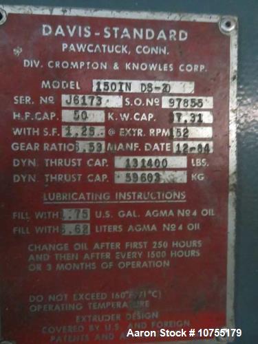 Used Davis Standard 1.5" Extruder – Model 150IN DS-20, 24:1 L/D, Vented Barrel, 50 HP Gearbox