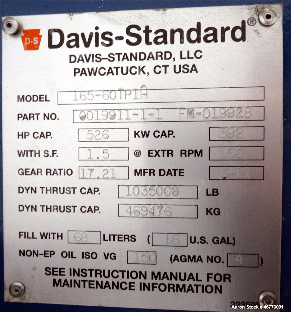 Used Davis-Standard 165mm Single Screw Extruder, Model 165MM-60TPIH. Approximate 30 to 1 L/D ratio, 6 zones electrically heated, water cooled non-vented barrel, water cooled feed throat with magnet a...