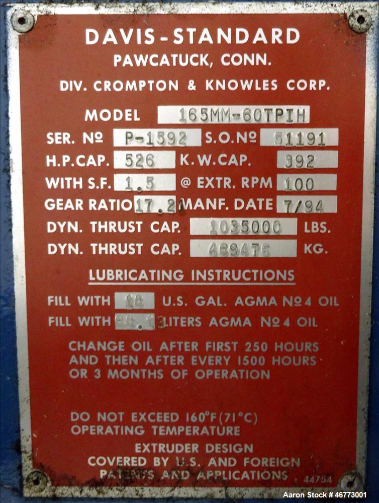 Used Davis-Standard 165mm Single Screw Extruder, Model 165MM-60TPIH. Approximate 30 to 1 L/D ratio, 6 zones electrically heated, water cooled non-vented barrel, water cooled feed throat with magnet a...
