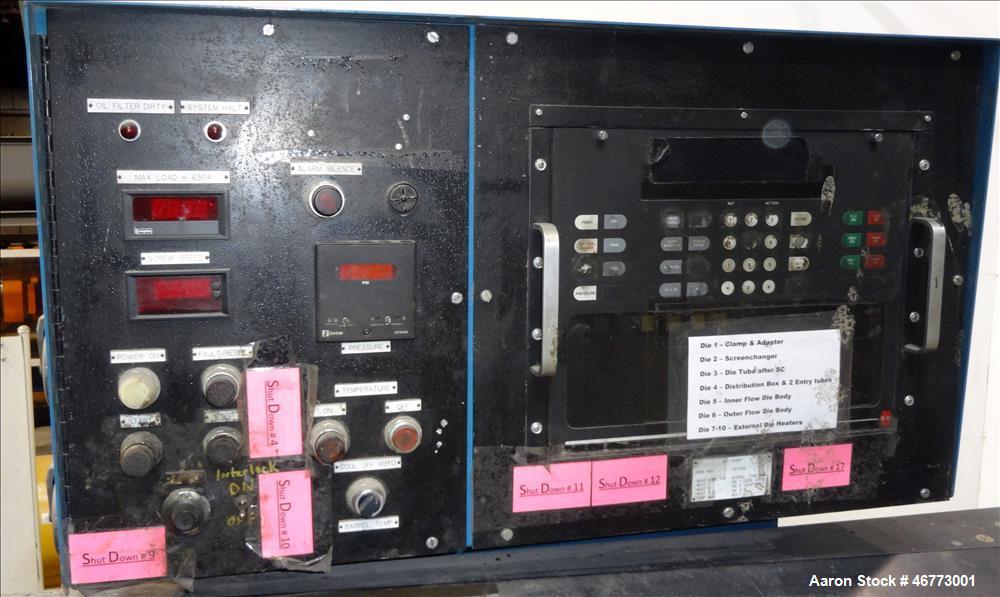 Used Davis-Standard 165mm Single Screw Extruder, Model 165MM-60TPIH. Approximate 30 to 1 L/D ratio, 6 zones electrically heated, water cooled non-vented barrel, water cooled feed throat with magnet a...