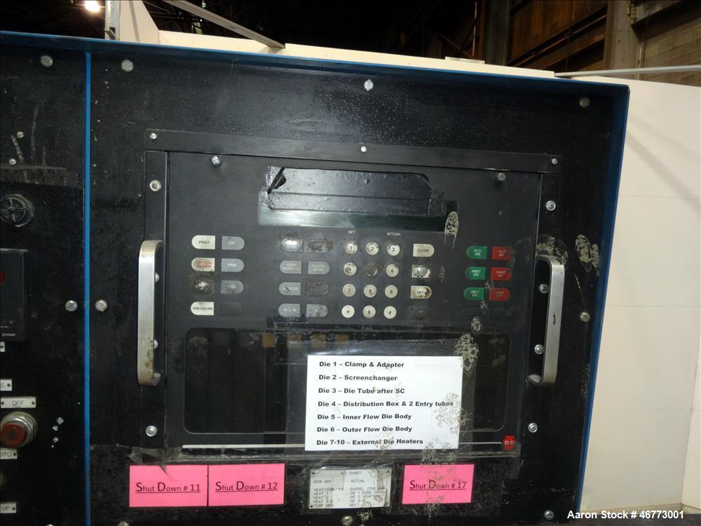 Used Davis-Standard 165mm Single Screw Extruder, Model 165MM-60TPIH. Approximate 30 to 1 L/D ratio, 6 zones electrically heated, water cooled non-vented barrel, water cooled feed throat with magnet a...