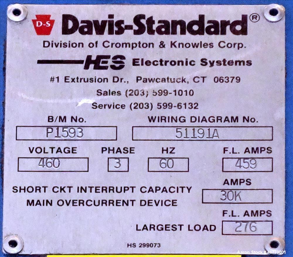 Used Davis-Standard 165mm Single Screw Extruder, Model 165MM-60TPIH. Approximate 30 to 1 L/D ratio, 6 zones electrically heated, water cooled non-vented barrel, water cooled feed throat with magnet a...