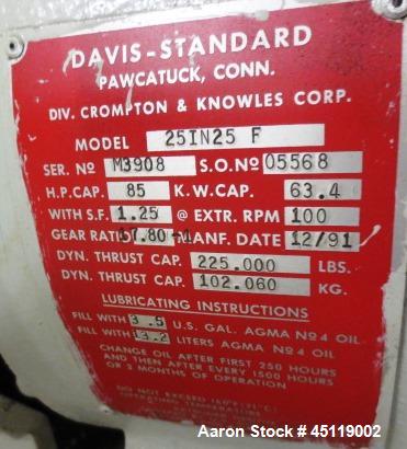 Used-Davis Standard 2.5" Single Screw Extruder, Model 25IN25F, Serial #M3908, SO #05568.  Built 1991, 4 zones, electrically ...