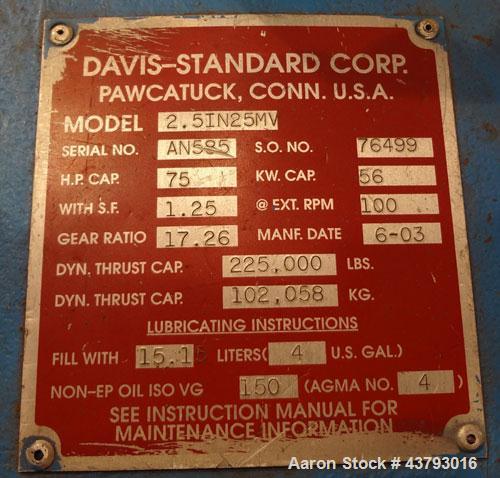 Used Davis Standard Mark V 2-1/2” Single Screw Extruder, Model 2.5IN25MV, Type DSPA. Approximate 30 to 1 L/D Ratio. Electrically heated, air cooled 5 zone non-vented barrel. Water cooled feed throat ...