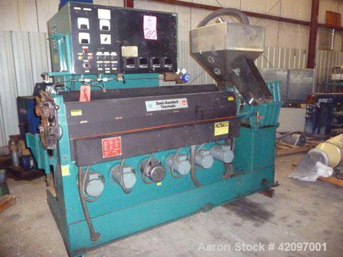 Used Davis Standard 2-1/2'' Thermatic Single Screw Extruder, Model 25IN25. 30 to 1 L/D ratio. Electrically heated, air cooled 6 zone barrel. Water cooled feed throat with hopper. Approximate 42" cent...