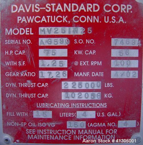Used Davis Standard 2 1/2" Single Screw Extruder, Model 25MK5, Type DSPA. 24 to 1 L/D Ratio. Electrically heated, air cooled 4 zone side-vented barrel with vacuum pump. Water cooled feed throat with ...