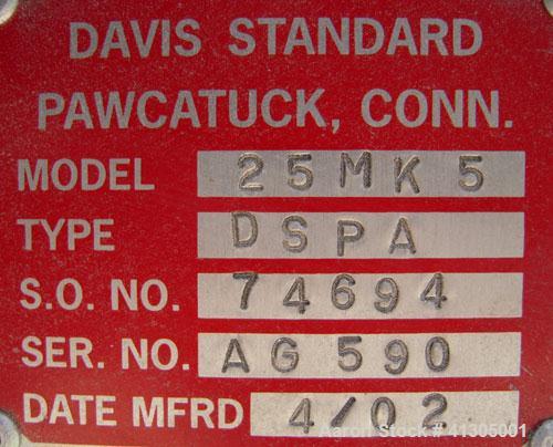 Used Davis Standard 2 1/2" Single Screw Extruder, Model 25MK5, Type DSPA. 24 to 1 L/D Ratio. Electrically heated, air cooled 4 zone side-vented barrel with vacuum pump. Water cooled feed throat with ...