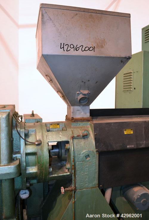 Used Davis Standard 3-1/2" Single Screw Extruder, Model 350S, Approximately 24 to 1 L/D Ratio. Electrically heated, air cooled 5 zone non-vented barrel. Water cooled feed throat with hopper. Driven b...