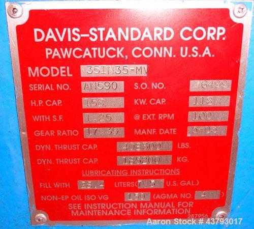 Used Davis Standard Mark V 3-1/2” Single Screw Extruder, Model 35IN35, Type DSPA. SO# 76499. Approximate 30 to 1 L/D ratio. Driven by a 75hp, 230/460 volt, 2700 rpm motor thru a reducer, HP capacity ...