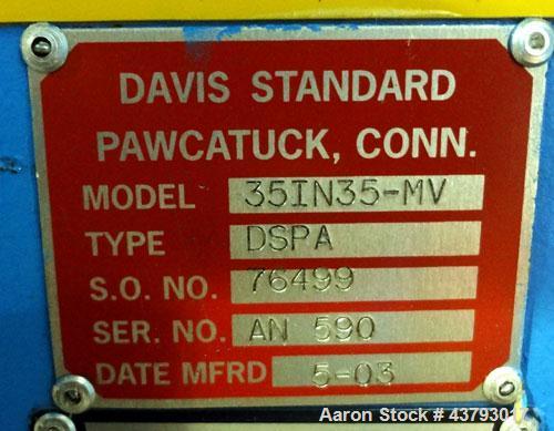 Used Davis Standard Mark V 3-1/2” Single Screw Extruder, Model 35IN35, Type DSPA. SO# 76499. Approximate 30 to 1 L/D ratio. Driven by a 75hp, 230/460 volt, 2700 rpm motor thru a reducer, HP capacity ...