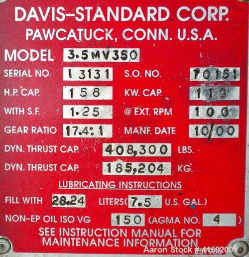 Used Davis Standard 3-1/2" Single Screw Extruder, Model 3.5MV-350. 30 to 1 L/D ratio. Electrically heated, air cooled 5 zone barrel. Water cooled feed throat, no hopper. Driven by a 60 hp, 3/60/460 v...