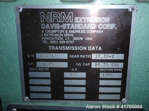 Used Davis Standard / NRM 4-1/2" Single Screw Extruder, Model 4.5 PM III. 32 to 1 L/D ratio, electrically heated, water cooled, non-vented with 250 hp DC motor, 17.72:1 gearbox ratio. Includes a cont...