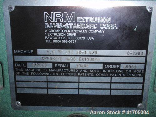 Used Davis Standard / NRM 4-1/2" Single Screw Extruder, Model 4.5 PM III. 32 to 1 L/D ratio, electrically heated, water cooled, non-vented with 250 hp DC motor, 17.72:1 gearbox ratio. Includes a cont...