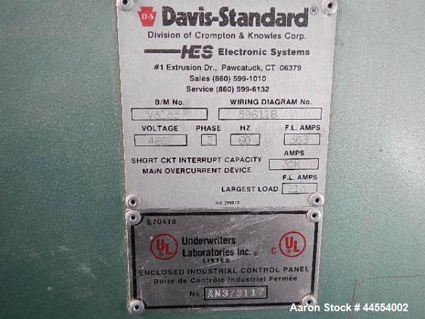 Used Davis Standard 4.5" single screw extruder, model 45IN45HT, 30:1 L/D, electrically heated, air cooled barrel, jacketed feed section with hopper, 17.49:1 gearbox ratio, top vented and plugged, 150...