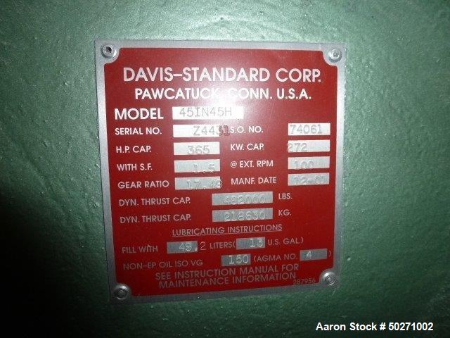 Used- Davis Standard 4.5" Single Screw Extruder, Model 45IN45H.