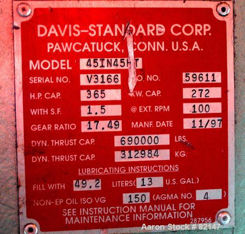 USED: Davis Standard 4.5" single screw extruder, model 45IN45T, approx 30:1 L/D ratio. Electrically heated, air cooled, 6 zone vented (plugged) barrel, water cooled feed throat with hopper. Driven by...