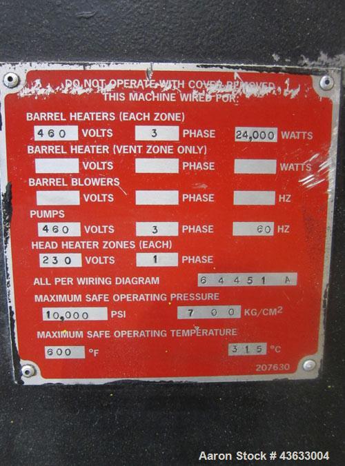 Used Davis Standard 6” Single Screw Extruder, Model 60IN60TPIH. Approximately 24 to 1 L/D ratio. Electrically heated, water cooled 5 zone non-vented barrel, with tank, heat exchanger, and pump. Water...
