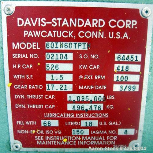 Used Davis Standard 6” Single Screw Extruder, Model 60IN60TPIH. Approximately 24 to 1 L/D ratio. Electrically heated, water cooled 5 zone non-vented barrel, with tank, heat exchanger, and pump. Water...