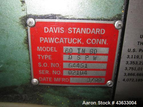 Used Davis Standard 6” Single Screw Extruder, Model 60IN60TPIH. Approximately 24 to 1 L/D ratio. Electrically heated, water cooled 5 zone non-vented barrel, with tank, heat exchanger, and pump. Water...