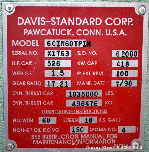 Used Davis Standard 6” Single Screw Extruder, Model 60IN60TPIH. Approximate 24 to 1 L/D ratio. Electrically heated, water cooled 5 zone non-vented barrel, with tank and heat exchanger, missing the pu...