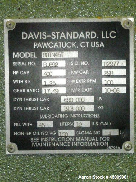 Used Davis Standard 8” Thermatic Single Screw Extruder, Model 80IN45T