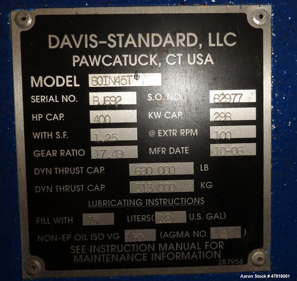 Used- Davis Standard Model 80IN45T, 8" Thermatic Single Screw Extruder