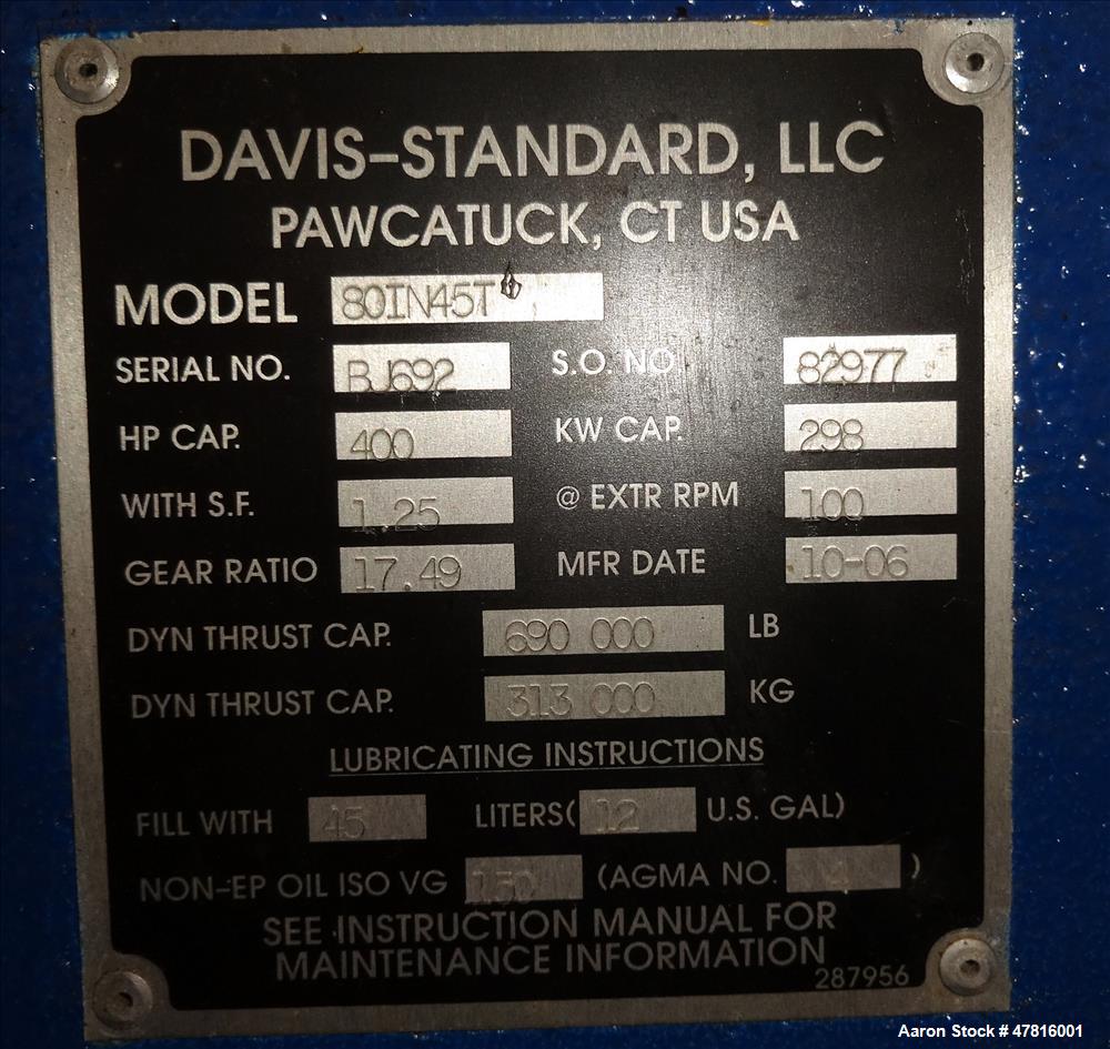 Used Davis Standard Model 80IN45T, 8" Thermatic Single Screw Extruder