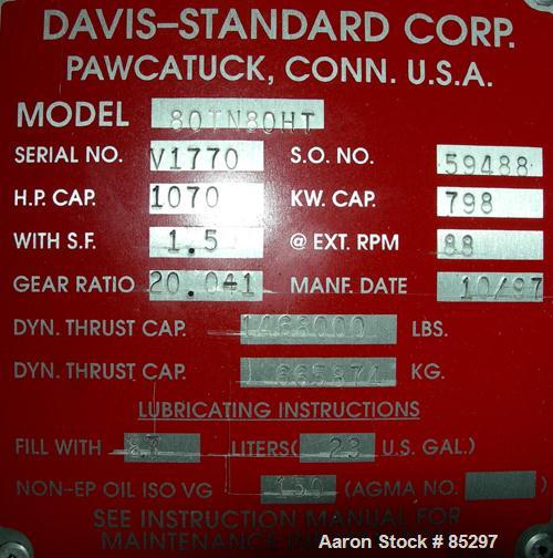 USED: Davis Standard 8" (200mm) Single Screw Extruder, model 80TN-80HT. 30:1 L/D ratio. Electrically heated, water cooled 6 zone non-vented barrel with a closed loop system with pump, tank and heat e...