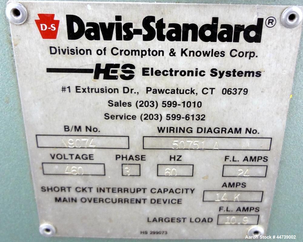 Used Davis Standard 1-1/4" Single Screw Extruder, Model DS-12-HM. Approximate 24 to 1 L/D Ratio. Electrically heated, air cooled 3 zone top vented barrel (plugged). Water cooled feed throat with hopp...