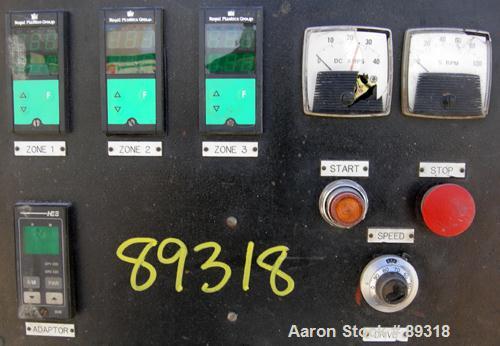 Used Davis Standard 1.25" Pedestal Mounted Single Screw Extruder, Model DS1.25, approximate 24:1 L/D ratio. Electrically heated, air cooled 3 zone non-vented barrel. Water cooled feed throat with hop...