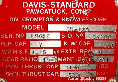 USED: Davis Standard 1.25" pedestal mounted single screw extruder, model DS1.25, approximate 24:1 L/D ratio. Electrically heated, air cooled 3 zone non-vented barrel. Water cooled feed throat with ho...
