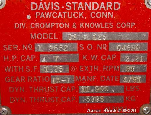 USED: Davis Standard 1.25" pedestal mounted single screw extruder, model DS1.25, approximate 24:1 L/D ratio. Electrically heated, air cooled 3 zone non-vented barrel. Water cooled feed throat with ho...