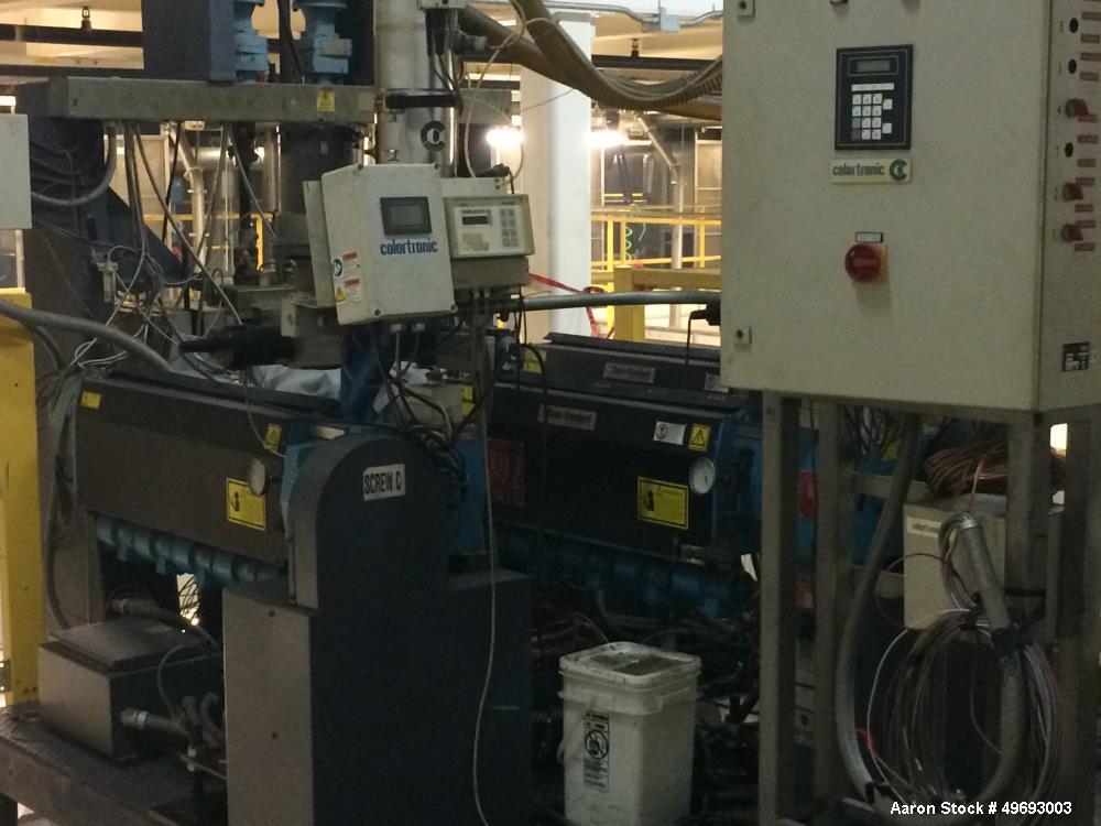 Used Davis Standard Single Screw Extruder, Model DS-15H. 1.5” screw diameter. Barrel Heater: 5 Zone/460V/2200W. Motor: 24HP/460V/3Ph. Cooling: Water. Includes: tower frame, spin beam, insulation jack...