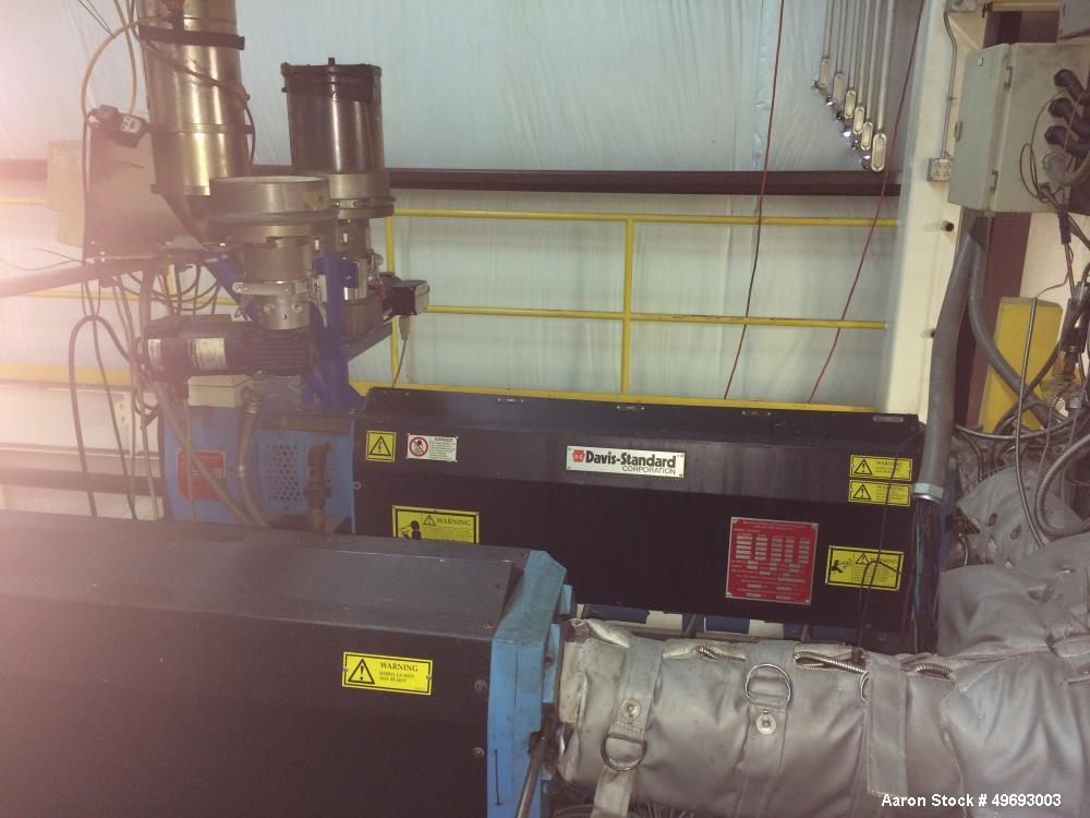 Used Davis Standard Single Screw Extruder, Model DS-15H. 1.5” screw diameter. Barrel Heater: 5 Zone/460V/2200W. Motor: 24HP/460V/3Ph. Cooling: Water. Includes: tower frame, spin beam, insulation jack...